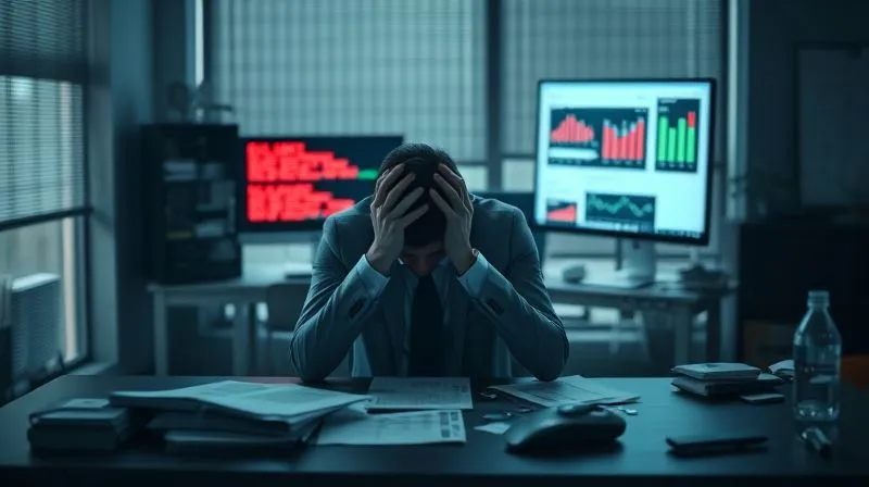 A photorealistic, professional photography, 8K, cinematic lighting, sharp focus, depth of field, shot on a high-end DSLR, depicting a single, distressed business owner sitting alone in a dimly lit, modern office, head in hands, looking at a chaotic desk with scattered financial reports and a computer screen displaying alarming red alerts, conveying the severe emotional and financial toll of a business identity theft.