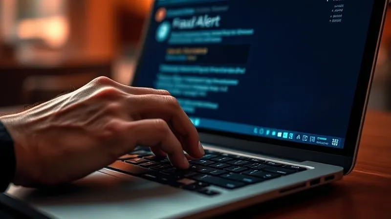 A photorealistic close-up of a hand quickly typing on a laptop keyboard, screen displaying a fraud alert, with a sense of urgency and determination. Cinematic lighting, sharp focus on the fingers and screen, depth of field blurring the background. Shot on a high-end DSLR, 8K hyper-detailed.