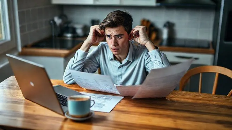 Photorealistic, professional photography of a young adult, with a worried expression, sitting at a kitchen table surrounded by official-looking documents and a laptop, a half-empty coffee cup beside them, symbolizing financial stress and the search for solutions. Cinematic lighting, sharp focus on the individual and documents, depth of field blurring the background, 8K hyper-detailed, shot on a high-end DSLR.