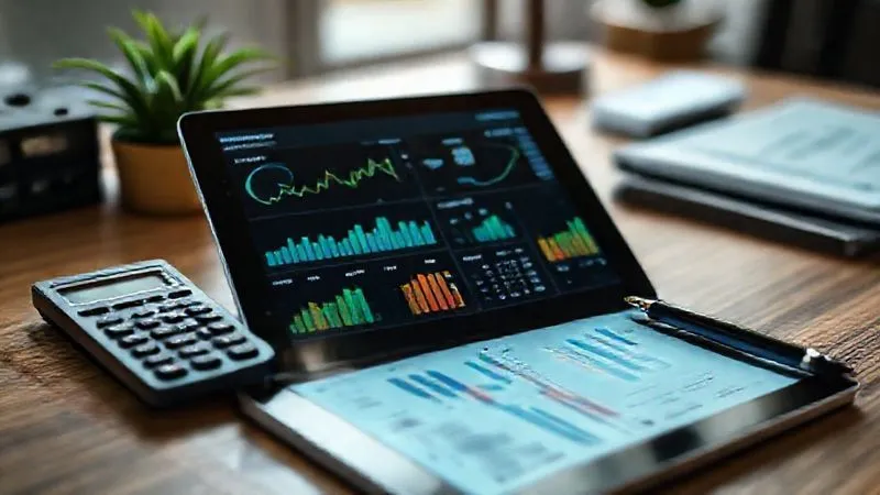 Photorealistic, professional photography of a financial dashboard on a tablet, displaying various charts and graphs representing interest rates, loan balances, and payment schedules, with a calculator and pen nearby. Cinematic lighting, sharp focus on the tablet screen, depth of field blurring the surrounding desk, 8K hyper-detailed, shot on a high-end DSLR.