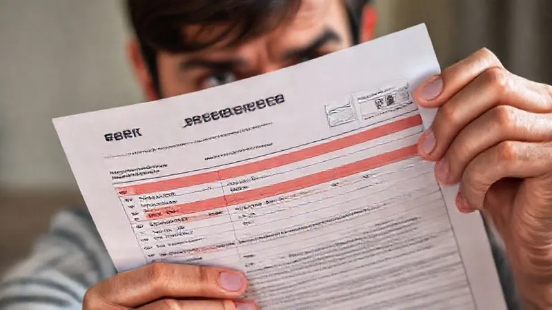 Photorealistic, professional photography of a person looking at a credit report with a concerned expression, highlighting several negative entries related to debt. The image should convey financial distress and the impact of poor credit. Cinematic lighting, sharp focus on the credit report, depth of field blurring the background, 8K hyper-detailed, shot on a high-end DSLR.