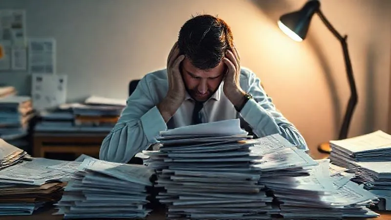 A photorealistic, professional photography image of a business owner, head in hands, sitting at a desk overflowing with various financial documents, bills, and spreadsheets, backlit by a single, harsh desk lamp, casting long shadows. The focus is on the overwhelming stack of papers, emphasizing the burden of debt. 8K, cinematic lighting, sharp focus, depth of field, shot on a high-end DSLR.