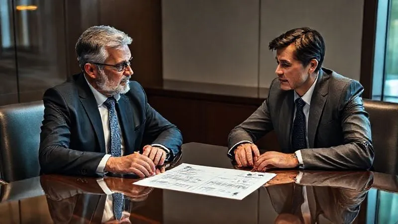 A photorealistic, professional photography image of two business people, one representing the business owner and the other a creditor, seated at a polished conference table. They are engaged in a serious but professional discussion, with a financial statement spread between them. The lighting is balanced, conveying a sense of negotiation and problem-solving, with a focused expression on both faces. 8K, cinematic lighting, sharp focus, depth of field, shot on a high-end DSLR.