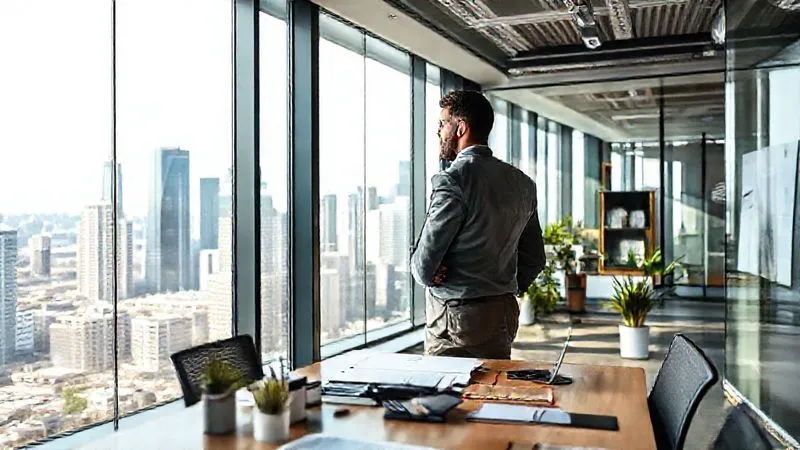 A photorealistic, professional photography image of a business owner, now looking confident and forward-thinking, standing in a brightly lit, modern office. They are looking out of a large window at a vibrant city skyline, with a well-organized desk in the foreground. The image should convey a sense of stability, control, and thoughtful planning for the future. 8K, cinematic lighting, sharp focus, depth of field, shot on a high-end DSLR.