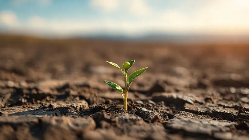 A photorealistic, professional photography image of a single, sturdy seedling pushing through cracked, dry earth, symbolizing resilience and new growth after hardship. The background features a blurred but hopeful landscape with a clear sky, cinematic lighting, sharp focus on the seedling, depth of field. 8K, shot on a high-end DSLR, conveying a sense of hope and enduring strength.