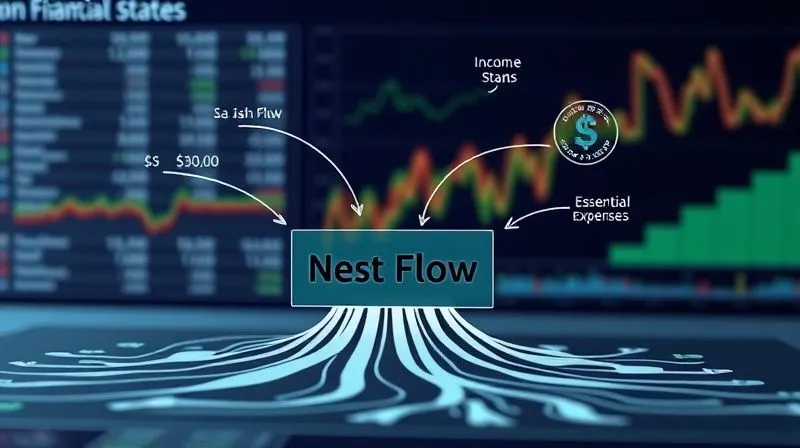 A photorealistic infographic showing a simplified personal financial statement with income streams flowing into a central 'Net Cash Flow' box, and essential expenses flowing out, against a backdrop of financial data visualizations, professional photography, 8K, cinematic lighting, sharp focus, depth of field, shot on a high-end DSLR.