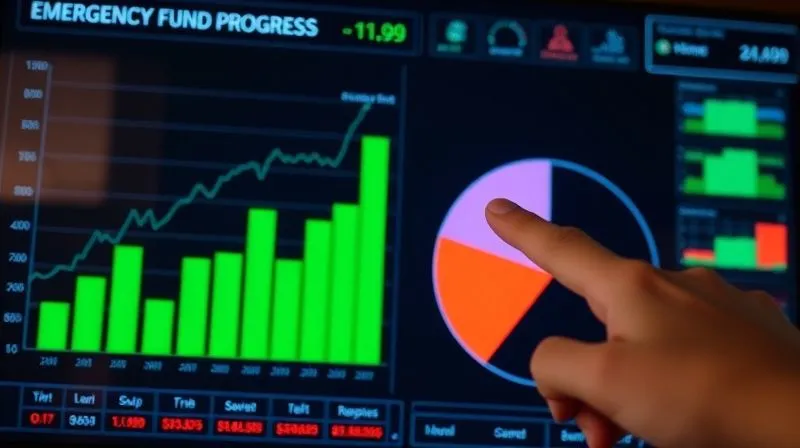 A photorealistic image of a financial dashboard displaying a growing bar chart representing emergency fund progress and a shrinking pie chart representing debt, with a hand pointing to the positive growth, professional photography, 8K, cinematic lighting, sharp focus, depth of field, shot on a high-end DSLR.
