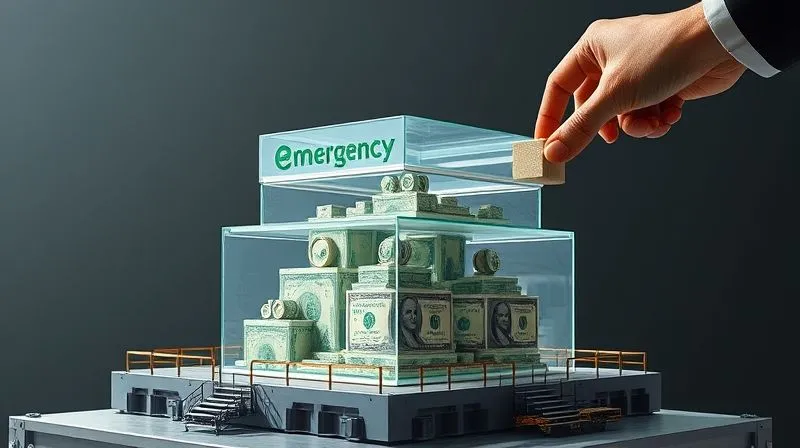 A photorealistic image of a robust, transparent financial fortress with clear layers representing different tiers of an emergency fund, situated on a secure, stable platform, with a professional's hand adding a block to the structure, professional photography, 8K, cinematic lighting, sharp focus, depth of field, shot on a high-end DSLR.
