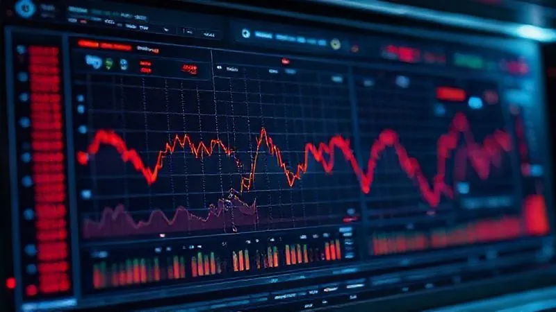 A photorealistic image of a sophisticated data visualization dashboard displaying real-time cryptocurrency transaction flows, with anomalies highlighted in red. Professional photography, 8K, cinematic lighting, sharp focus on the central dashboard, depth of field blurring the background, shot on a high-end DSLR.