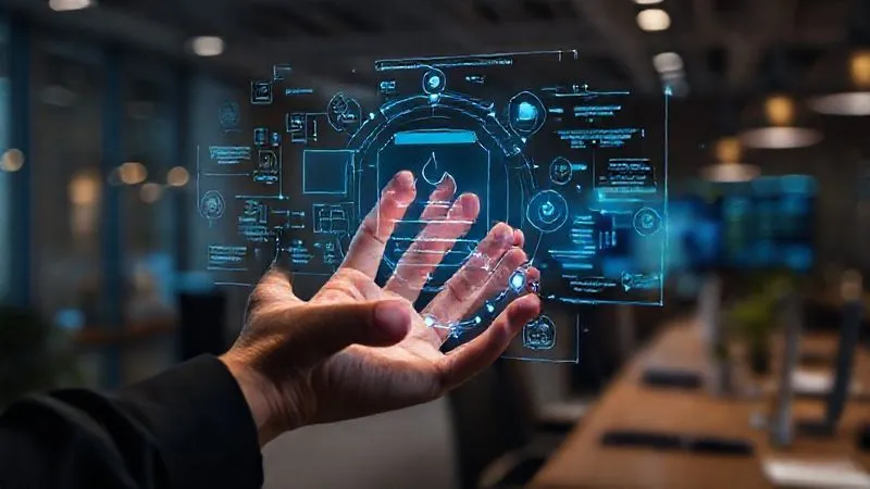 A photorealistic image of a human hand interacting with a holographic interface displaying complex regulatory frameworks and automated compliance checks, set in a modern fintech office. Professional photography, 8K, cinematic lighting, sharp focus on the hand and interface, depth of field blurring the background, shot on a high-end DSLR.