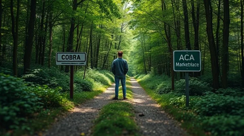 A photorealistic image of two distinct paths diverging in a lush green forest, one clearly marked "COBRA" and the other "ACA Marketplace," with a thoughtful person standing at the fork, cinematic lighting, sharp focus on the person and the signs, depth of field blurring the background, 8K hyper-detailed, shot on a high-end DSLR.