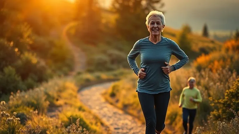 A photorealistic image of a vibrant, healthy person (mid-50s) jogging effortlessly on a scenic trail at sunrise, symbolizing proactive health and wellness. The person has a determined yet serene expression, surrounded by lush nature. Cinematic lighting, sharp focus on the person, depth of field blurring the background, 8K hyper-detailed, shot on a high-end DSLR.