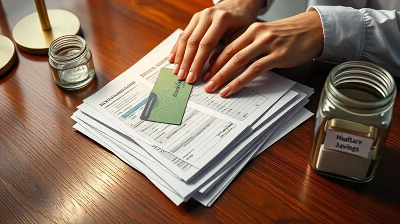 A photorealistic image of hands meticulously organizing a stack of diverse financial documents, including a health insurance card, a budget spreadsheet, and a medical bill, on a polished wooden desk, signifying careful financial planning. A small, neatly labeled jar for 'Healthcare Savings' is also visible. Cinematic lighting, sharp focus on the documents, 8K hyper-detailed, shot on a high-end DSLR.