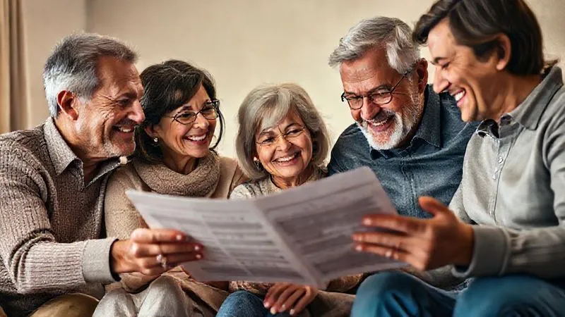 A photorealistic image of a family, multi-generational, smiling and looking at a financial statement together, symbolizing wealth transfer and family planning. The background subtly includes elements of a trust document and stock certificates, under warm, inviting lighting, 8K, cinematic lighting, sharp focus, depth of field, shot on a high-end DSLR.