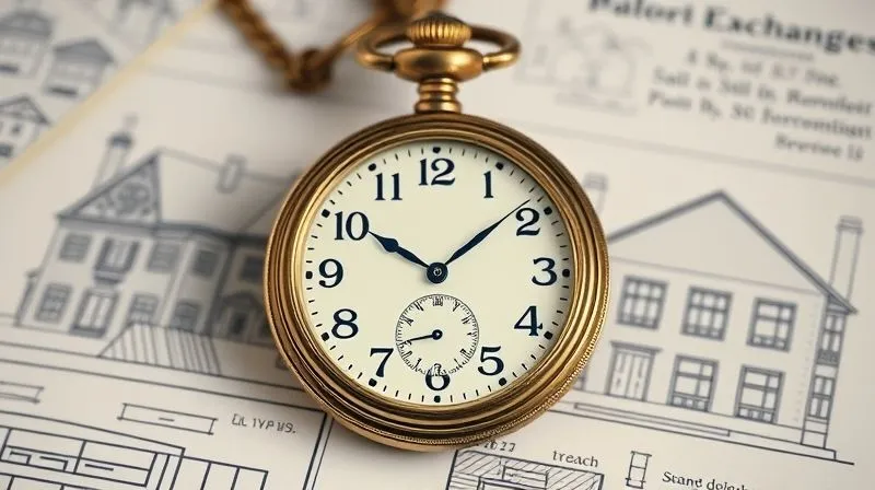 A photorealistic image of a vintage pocket watch with the hands quickly moving, superimposed over architectural blueprints of two distinct real estate properties, symbolizing the strict timelines of a 1031 exchange, cinematic lighting, sharp focus, depth of field, 8K hyper-detailed.
