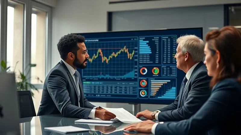A photorealistic image of a diverse team of financial professionals (advisor, CPA, attorney) intently discussing a complex financial chart on a large screen in a modern office, symbolizing expert collaboration on tax strategy, cinematic lighting, sharp focus, depth of field, 8K hyper-detailed.