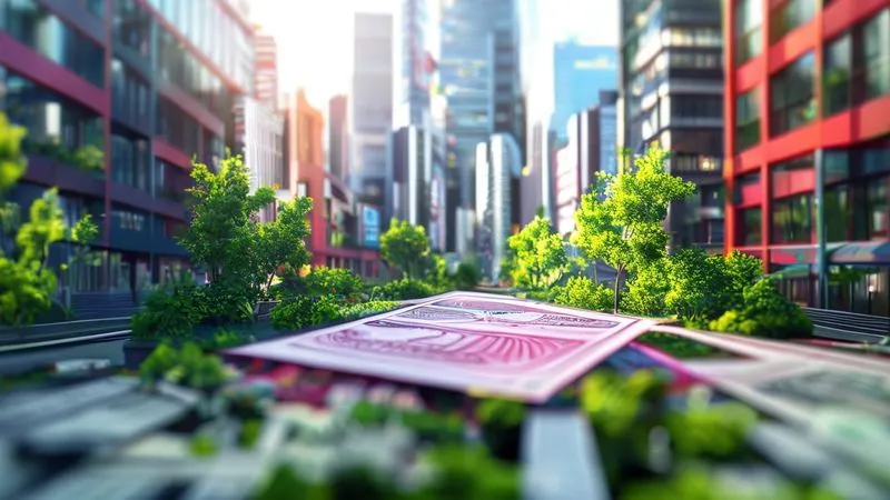 A photorealistic, detailed rendering of a vibrant, revitalized urban area, with modern buildings and green spaces, seen through the blurred outline of a stock certificate, symbolizing strategic reinvestment of capital gains into Opportunity Zones. Professional photography, 8K, cinematic lighting, sharp focus, depth of field, shot on a high-end DSLR.