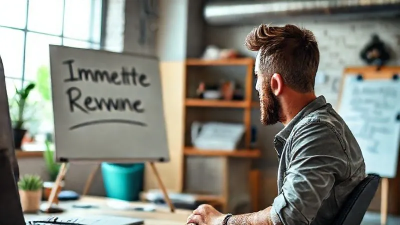 A photorealistic image of an entrepreneur, sleeves rolled up, actively engaging with a potential client over a video call, while their other hand points to a whiteboard with 'Immediate Revenue' written. The setting is a dynamic, slightly makeshift startup office, cinematic lighting, sharp focus on the interaction, depth of field blurring the background. 8K hyper-detailed, shot on a high-end DSLR.