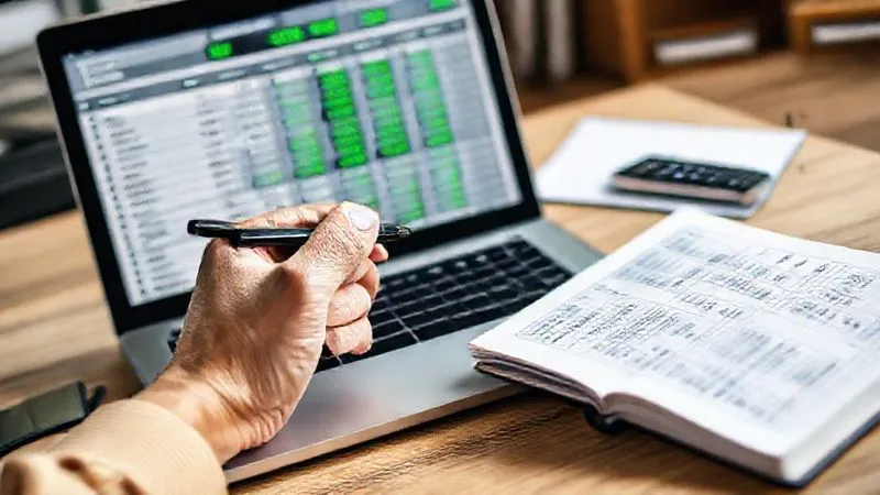 A photorealistic image of a detailed financial spreadsheet on a laptop screen, with a hand holding a pen making notes on a physical notebook next to it. The screen shows green numbers for positive cash flow trends, and a calculator is nearby. The setting is a focused, organized workspace, cinematic lighting, sharp focus on the screen and notebook, depth of field blurring the background. 8K hyper-detailed, shot on a high-end DSLR.