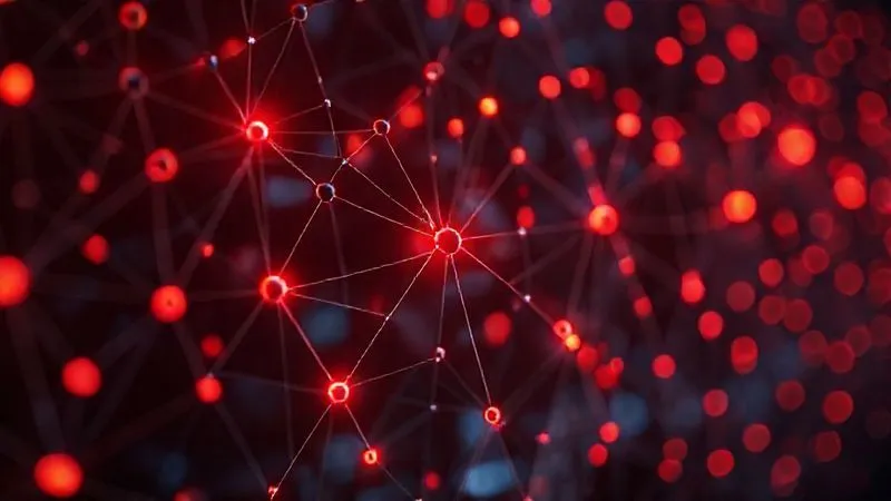 A photorealistic 3D visualization of interconnected data nodes representing a supply chain, with certain nodes glowing red to indicate financial distress. The overall image has a professional, analytical feel. Professional photography, 8K, cinematic lighting, sharp focus on the glowing nodes, depth of field, shot on a high-end DSLR.