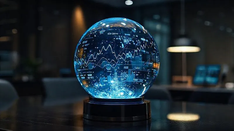 A photorealistic image of a futuristic, glowing crystal ball showing complex financial data projections and trend lines. The crystal ball is on a dark, polished desk in a modern office, surrounded by subtle digital interfaces. Professional photography, 8K, cinematic lighting, sharp focus on the crystal ball, depth of field, shot on a high-end DSLR.