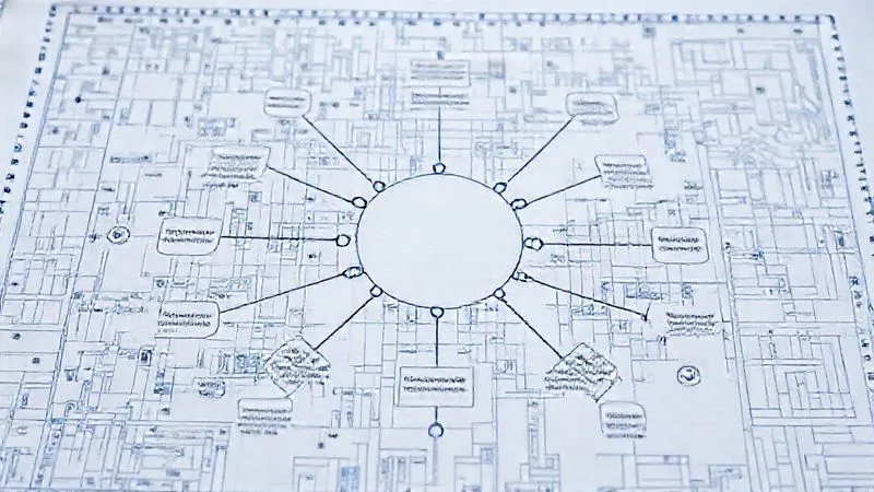 A photorealistic image of a strategic framework diagram overlaid on a blueprint, showing interconnected nodes and arrows representing data flow and decision points. The image has a clean, professional, and structured aesthetic. Professional photography, 8K, cinematic lighting, sharp focus on the central diagram, depth of field, shot on a high-end DSLR.