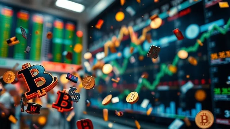 A photorealistic, professional photography, 8K, cinematic lighting, sharp focus, depth of field shot on a high-end DSLR, depicting a dynamic, abstract representation of a financial market. Traditional financial symbols are being overtaken or reshaped by flowing digital currency elements, illustrating intense disruption and competitive pressure. The scene is vibrant yet chaotic, with new pathways emerging.