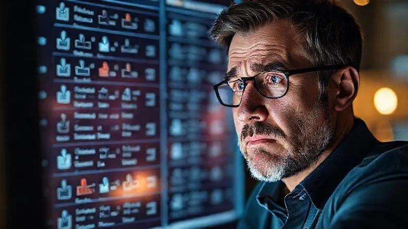 A photorealistic, professional photography, 8K, cinematic lighting, sharp focus, depth of field, shot on a high-end DSLR, depicting a new consultant looking overwhelmed by a digital interface displaying numerous subscription icons and small recurring charges, a frustrated expression on their face, with a subtle glow from the screen illuminating the scene.