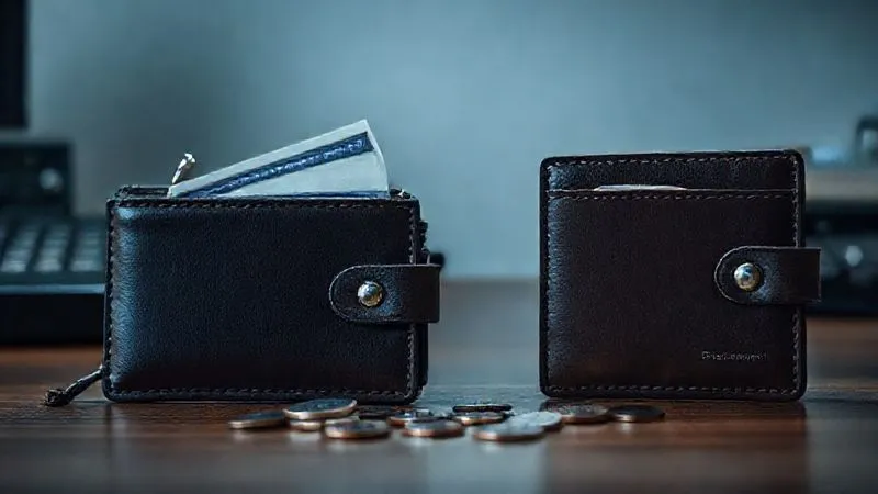 A photorealistic, professional photography, 8K, cinematic lighting, sharp focus, depth of field, shot on a high-end DSLR, depicting two wallets side-by-side on a desk. One wallet is sleek, professional, and full, labeled 'Business Funds'. The other is more casual, thinner, and slightly open, labeled 'Personal Expenses'. A few coins are spilling from the personal wallet towards the business wallet, subtly suggesting a drain. Cinematic lighting highlights the distinction and the subtle leakage.