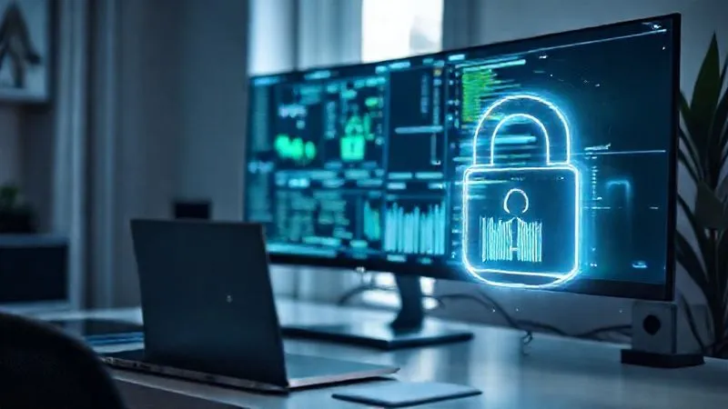 A photorealistic, professional photography, 8K, cinematic lighting, sharp focus, depth of field, shot on a high-end DSLR, depicting a sleek, modern home office setup with a high-resolution monitor displaying complex data, a professional laptop, and a minimalist desk. A subtle, glowing digital lock icon or a network security symbol is overlaid in the corner of the screen, emphasizing cybersecurity and reliable infrastructure. The scene should convey efficiency and protection.