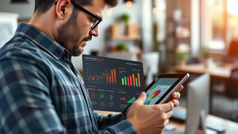 A photorealistic image of a business owner intently viewing a modern financial dashboard on a tablet, displaying real-time cash flow graphs and transaction alerts. The screen is vibrant and clear, with data flowing dynamically. Cinematic lighting, sharp focus on the tablet and the owner's focused face, depth of field blurring a background of a bustling but organized office. 8K hyper-detailed.