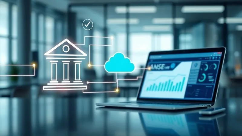 A photorealistic image depicting a seamless flow of digital data between a banking app icon, a cloud-based accounting software icon, and a laptop displaying financial reports. The data flow is represented by glowing lines connecting the elements, symbolizing efficient integration. Cinematic lighting, sharp focus on the digital elements, depth of field blurring a modern office background. 8K hyper-detailed.