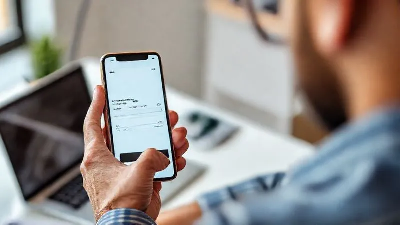 A photorealistic image of a small business owner using a mobile phone to scan a check for remote deposit, with a modern, clean desk background featuring a laptop and a neatly organized workspace. The phone screen clearly shows the check scanning interface. Cinematic lighting, sharp focus on the phone and the check, depth of field blurring the background. 8K hyper-detailed.