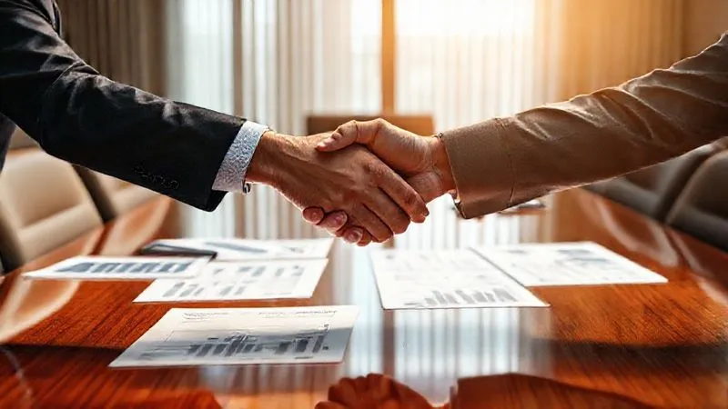 A photorealistic image of two business professionals shaking hands across a polished boardroom table, with financial documents and charts spread out. One person is extending a hand with a determined but calm expression, while the other is receptive. Cinematic lighting, sharp focus on the handshake, depth of field blurring the background, 8K hyper-detailed.
