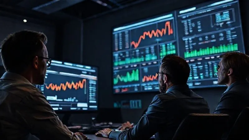 A photorealistic image of a business team in a dimly lit war room, intently studying large projection screens displaying complex financial models and stress test results. One person points to a critical data point, while others look on with focused expressions. Cinematic lighting emphasizes the screens and faces, sharp focus, depth of field blurring the background, 8K hyper-detailed.
