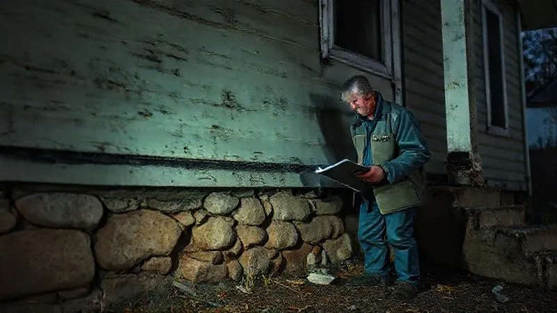photorealistic, professional photography, 8K, cinematic lighting, sharp focus, depth of field, shot on a high-end DSLR. A skilled property inspector carefully examining the exterior foundation of an older, occupied house with a flashlight, taking notes. The house shows some signs of wear but is structurally ambiguous. The scene emphasizes meticulous observation where interior access is denied.