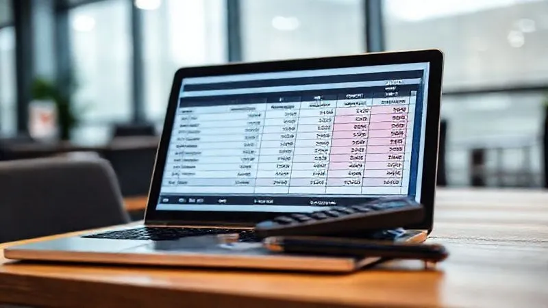 photorealistic, professional photography, 8K, cinematic lighting, sharp focus, depth of field, shot on a high-end DSLR. A financial spreadsheet displayed on a laptop screen, showing columns for 'Holding Costs', 'Eviction Expenses', and 'Cash for Keys Offer', with a calculator and a pen resting beside it. The background is a blurred, modern office setting, emphasizing careful financial analysis.