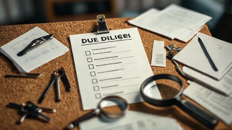 photorealistic, professional photography, 8K, cinematic lighting, sharp focus, depth of field, shot on a high-end DSLR. A detailed due diligence checklist pinned to a corkboard with various legal documents, keys, and a magnifying glass scattered around it. The focus is on the checklist, emphasizing organization and meticulousness. The background is a softly blurred office environment.