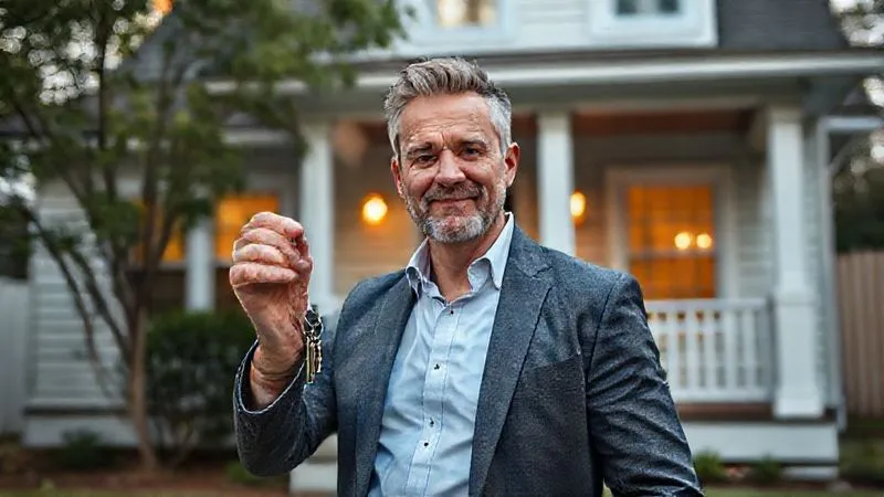 photorealistic, professional photography, 8K, cinematic lighting, sharp focus, depth of field, shot on a high-end DSLR. A confident real estate investor, looking determined, standing in front of a newly renovated house that was once an occupied foreclosure. The house looks pristine and well-maintained, symbolizing successful due diligence and a profitable outcome. The investor holds a set of keys, with a subtle smile of accomplishment.