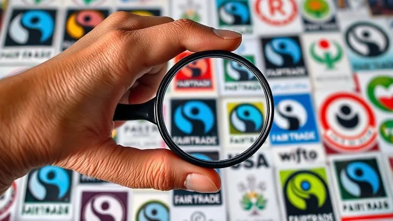 A photorealistic, professional photography, 8K, cinematic lighting, sharp focus, depth of field, shot on a high-end DSLR, of a hand holding a magnifying glass over a collage of various fair trade certification logos (e.g., Fairtrade International, Fair Trade USA, WFTO), with some logos appearing more vibrant and detailed than others, symbolizing careful scrutiny.