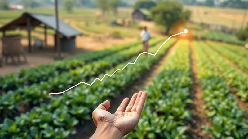 A photorealistic, professional photography, 8K, cinematic lighting, sharp focus, depth of field, shot on a high-end DSLR, of a hand graphing a rising line on a transparent digital display that overlays a vibrant, green landscape with healthy crops and happy community members, symbolizing measurable positive impact and growth.