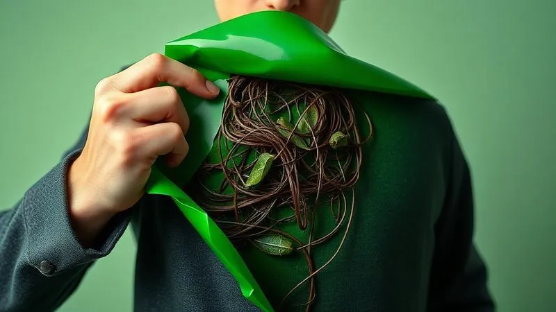 A photorealistic, professional photography, 8K, cinematic lighting, sharp focus, depth of field, shot on a high-end DSLR, of a person peeling back a layer of glossy, green marketing material to reveal a tangled, less-than-ideal reality underneath, symbolizing the act of uncovering greenwashing.