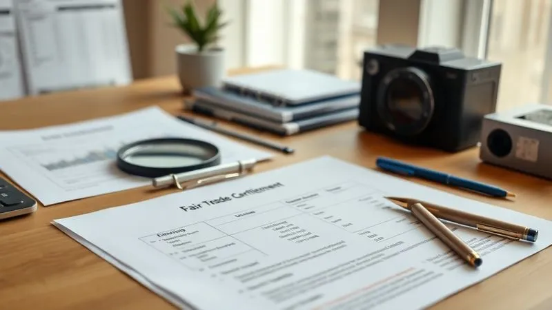 A photorealistic, professional photography, 8K, cinematic lighting, sharp focus, depth of field, shot on a high-end DSLR, of a meticulously organized desktop with a financial spreadsheet, a fair trade certification document, a magnifying glass, and a pen, all bathed in soft, natural light, symbolizing a structured and thorough due diligence process.