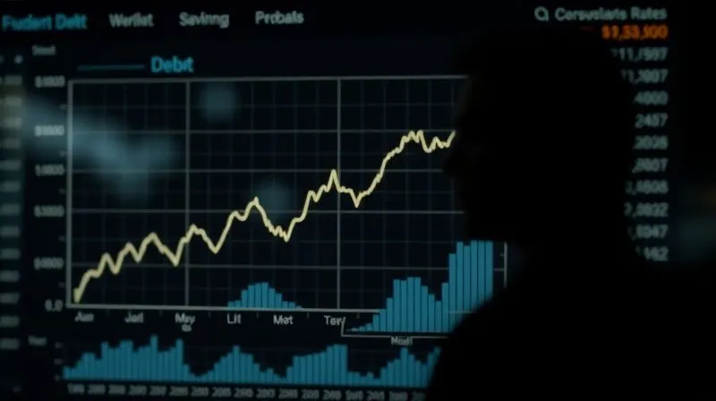 A photorealistic image of a complex financial graph showing upward trending student debt contrasted with declining savings rates, overlaid with a subtle, distressed silhouette of a person. Cinematic lighting, sharp focus on the graph data, 8K hyper-detailed, depth of field blurring the background, shot on a high-end DSLR.