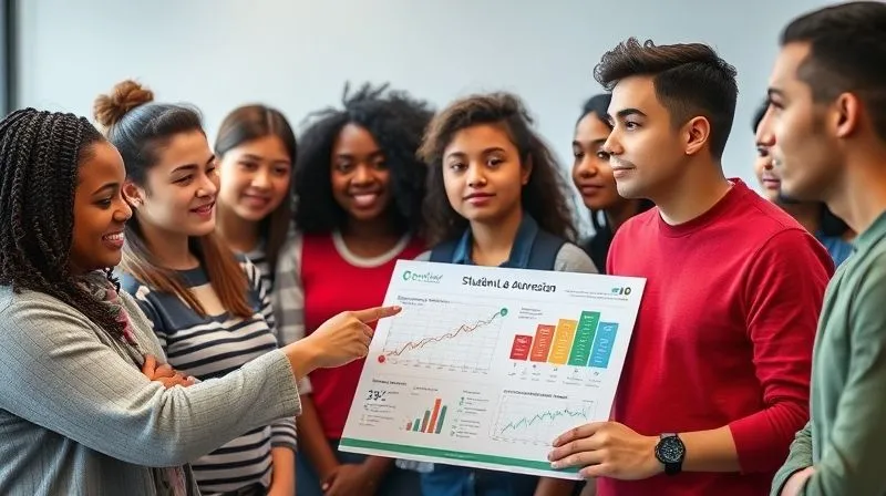 A photorealistic image of a diverse group of high school students attentively listening to a financial advisor giving a presentation on college financing and student loan awareness. The advisor is pointing to a clear, engaging infographic. Professional photography, 8K, cinematic lighting, sharp focus on the students' engaged faces, depth of field blurring the background, shot on a high-end DSLR.