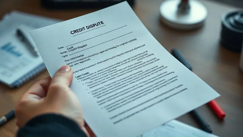 A photorealistic close-up of a hand holding a meticulously organized credit dispute letter, addressed to a credit bureau, with supporting documents neatly attached. The letter is clearly legible, showing specific details of an error. Cinematic lighting, sharp focus on the letter and hand, depth of field blurring a desk background. 8K, professional photography, shot on a high-end DSLR.