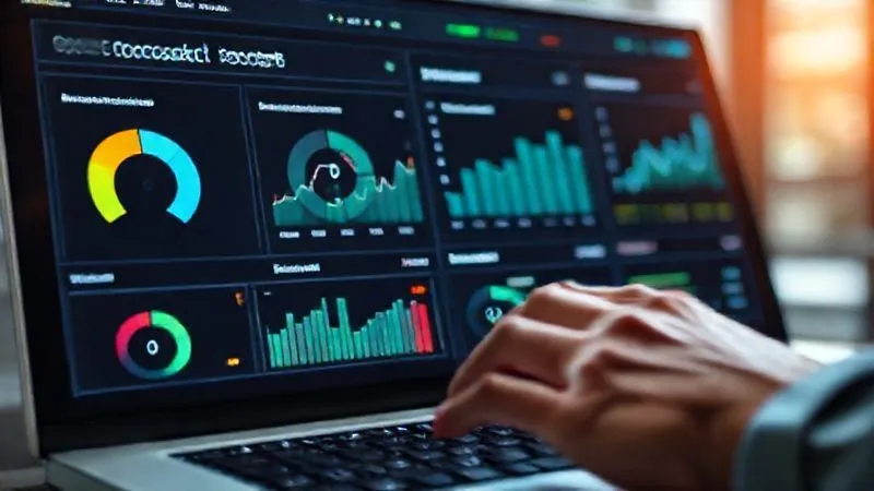 A photorealistic dashboard displaying various credit monitoring metrics, including credit score trends, recent inquiries, and alerts for suspicious activity. The interface is clean and modern, with graphs and numbers clearly visible. Cinematic lighting, sharp focus on the digital screen, depth of field blurring a user's hands typing on a keyboard. 8K, professional photography, shot on a high-end DSLR.