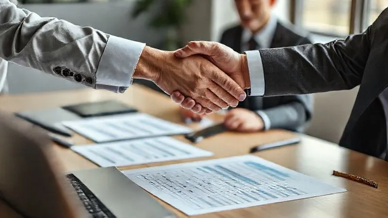 Photorealistic, professional photography, 8K, cinematic lighting, sharp focus, depth of field, shot on a high-end DSLR. A professional's hand reaching across a table to shake hands with a financial advisor or lawyer, with various financial documents and a laptop showing a spreadsheet in the foreground. The scene conveys collaboration and strategic problem-solving in a modern office setting, with a sense of relief or agreement.