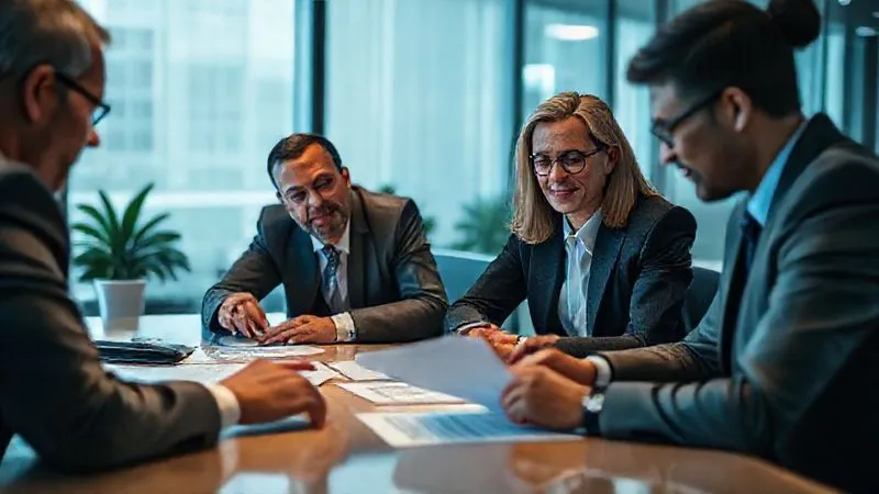 Photorealistic, professional photography, 8K, cinematic lighting, sharp focus, depth of field, shot on a high-end DSLR. A diverse team of professionals (a lawyer, a financial advisor, and the client) intently reviewing documents around a conference table in a modern office. The lawyer points to a legal clause, while the financial advisor highlights a section on a financial statement. The client looks engaged and relieved, indicating collaborative problem-solving.