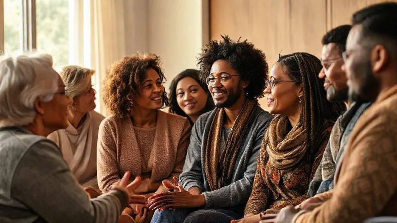 A photorealistic image of diverse people in a supportive group setting, perhaps a job search support group or a community meeting, engaged in conversation and offering encouragement to one another. The lighting is warm and inviting, highlighting connection and empathy. Shot on a high-end DSLR, 8K hyper-detailed, professional photography.